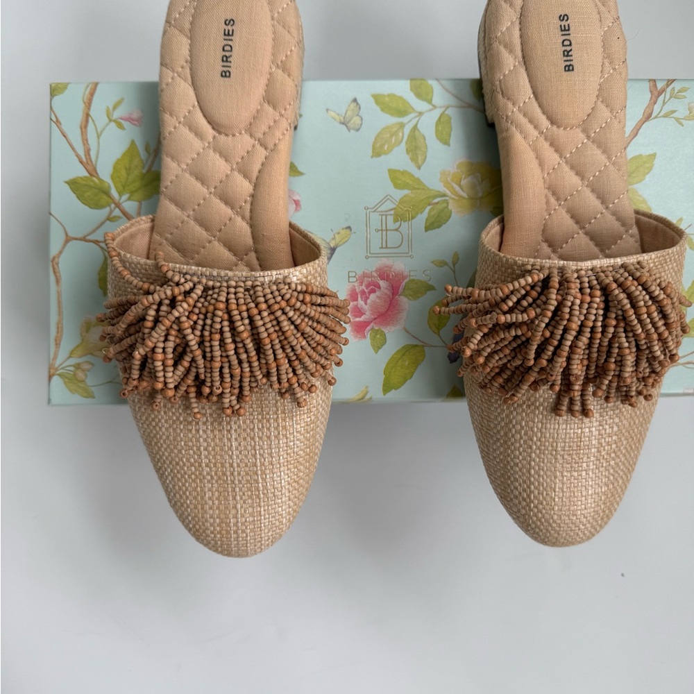 Birdies Beige Mules with Beaded Fringe
